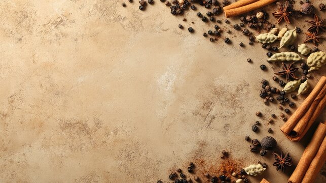 Top view of a variety of Indian spices like cumin seeds, cardamom pods, and cinnamon sticks scattered on a neutral background, with space around.