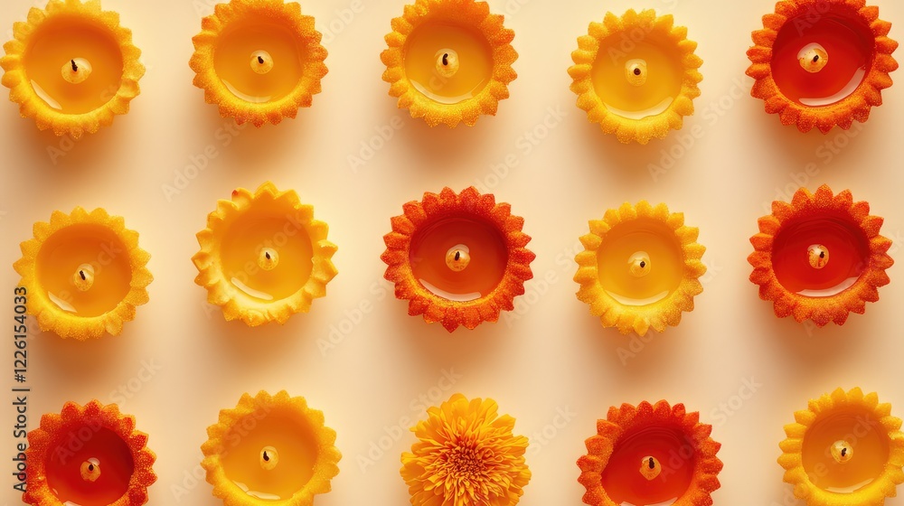 Aufkleber top view of festive diya patterns arranged symmetrically on a neutral background with marigold flowe