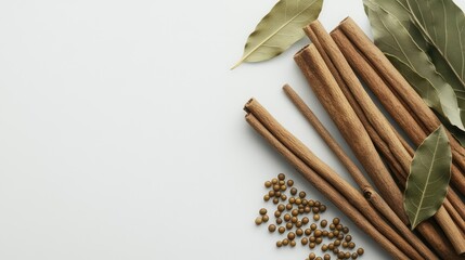 Top view of Indian spices like cinnamon sticks, mustard seeds, and bay leaves arranged neatly with clean negative space for text.