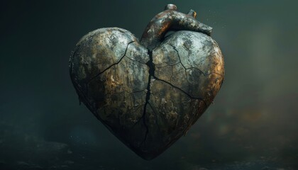 Obraz premium A cracked stone heart, dark and weathered, hangs against a somber backdrop. Its fissures represent emotional pain, yet its form suggests resilience and enduring hope.
