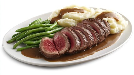 Venison tenderloin cooked medium-rare, plated with mashed potatoes, green beans, and a drizzle of gravy on a white background.