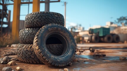 Fototapeta premium Stacked Used Tires in an Industrial Setting with Clear Blue Sky and Urban Background, Depicting Abandoned Equipment and Gravel Path