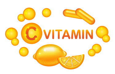 Vitamin C medical capsule pill with lemon citrus fruit, pharmacy multivitamin medicine tablet. Healthy diet food supplement with natural citric acid ingredient. Medication drug packaging sign. Vector