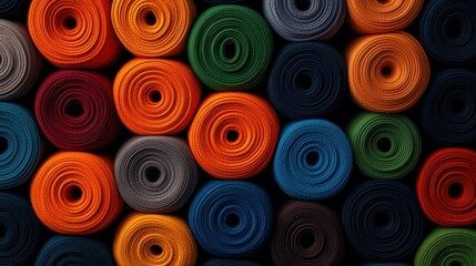 Vibrant and Colorful Rolls of Fabric in a Neat Arrangement, Showcasing Various Textures and Patterns for Sewing and Crafting Projects