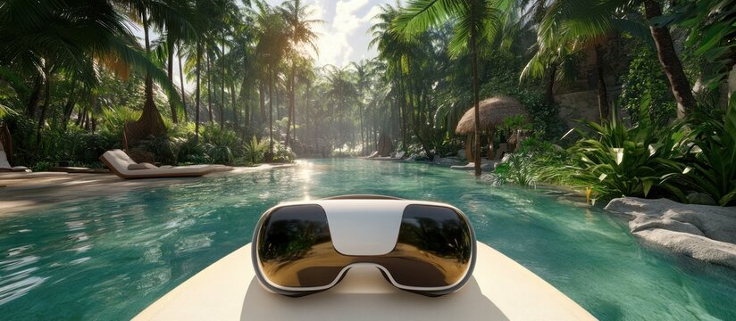 VR headset on a tropical beach, showing a virtual paradise.