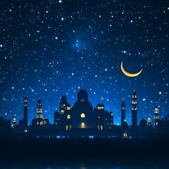 Night cityscape, crescent moon, stars, mosque, celebration, greeting card