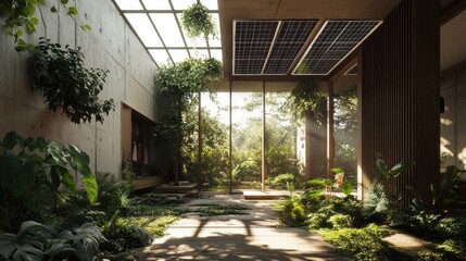 Sunlit indoor jungle atrium with solar panels