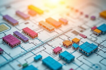 A colorful, detailed miniature city map showcasing various buildings and streets, illuminated by warm light, creating an engaging urban landscape.