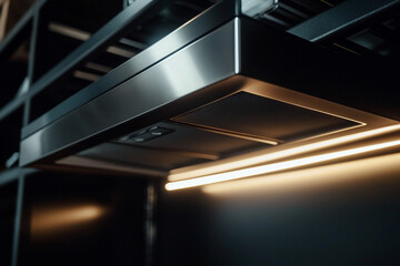 Fototapeta premium Modern kitchen hood with sleek design, illuminated under-cabinet lighting, enhancing ambiance