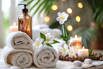 Creating a relaxing spa atmosphere with towels, candles, and flowers