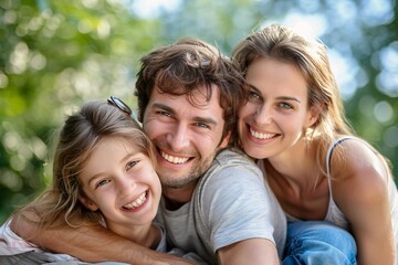 Obraz premium Happy family with one child smiling and embracing outdoors in a park