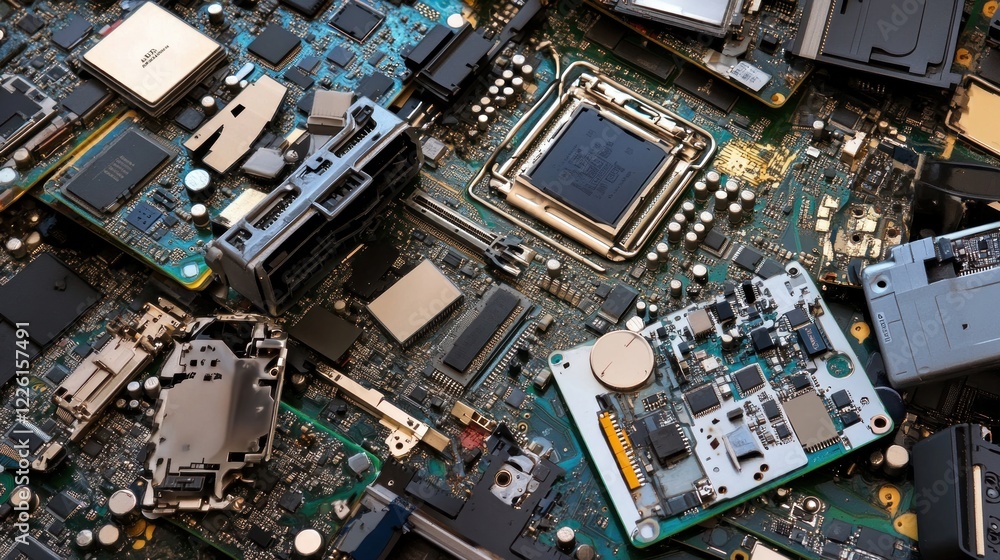 Poster close-up of intricate circuit board components and electronic elements, detail view of technology ha