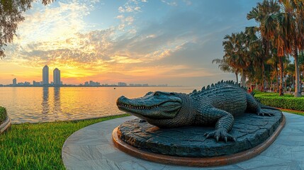 Crocodile Statue at Sunset City Skyline
