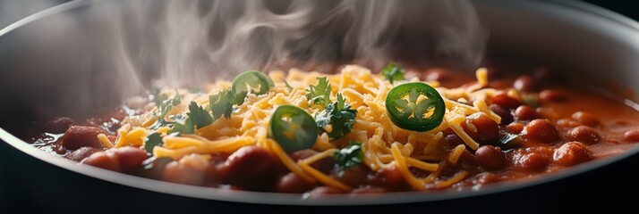 Close up of steaming chili pot with beans cheese and jalapenos in a cozy kitchen setting