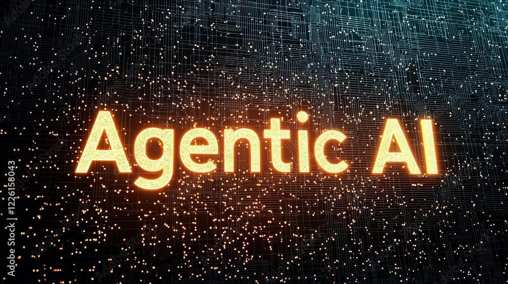 Poster bright agentic ai text with glowing particles in dark background