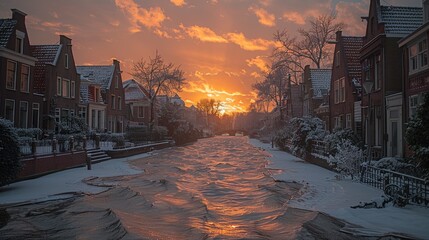 Snowy Canal Sunset in a Charming Dutch Town