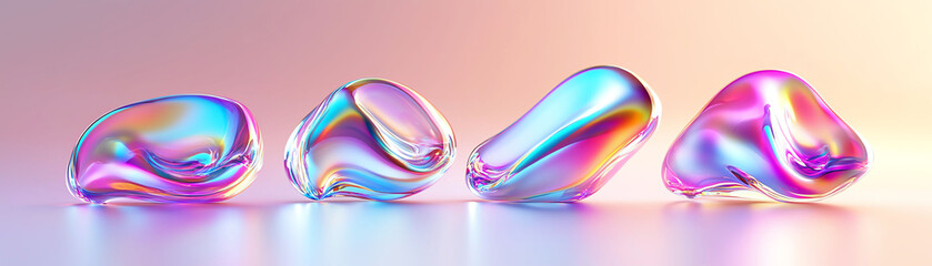 A dreamy, otherworldly set of liquid-metal-inspired shapes that ripple and morph, with a vibrant iridescent sheen resembling auroras.
