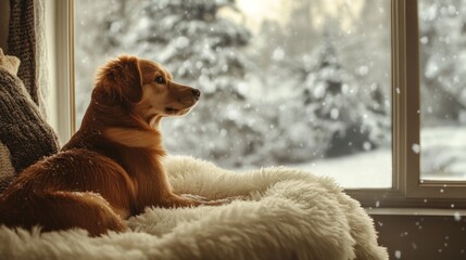 Golden Retriever gazing out snowy window, cozy home