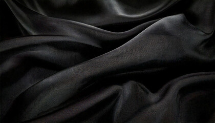 Black Satin Fabric Close-Up,Close-up of black satin fabric with smooth, flowing folds and a glossy finish.