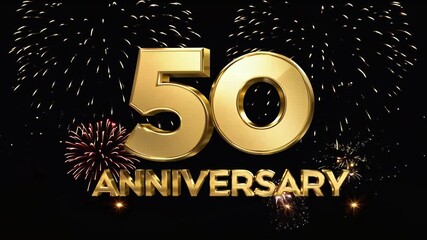 Luxurious golden animation celebrating a 50 year milestone with sparkling fireworks illuminating a grand festive background in 4K resolution