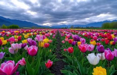 A breathtaking expanse of vibrant tulips in various colors stretches across a field, set against a dramatic cloudy sky and distant mountains.