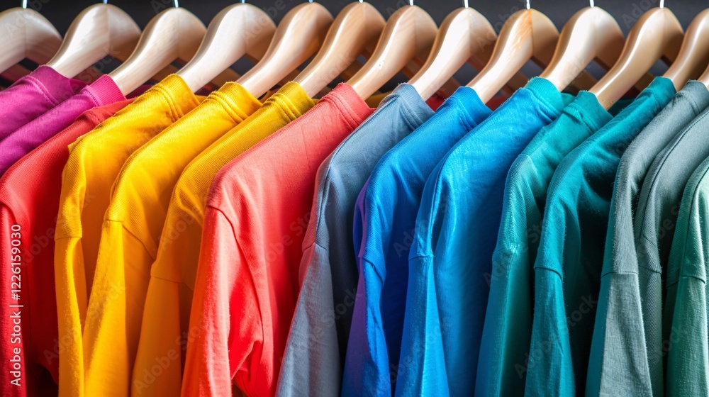 Poster vibrant selection of t-shirts is arranged by color, offering a wide range of choices for shoppers