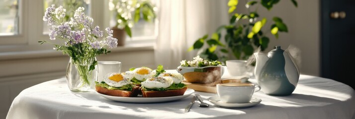 Bright and inviting breakfast with avocado toast and fried eggs on a sunny morning