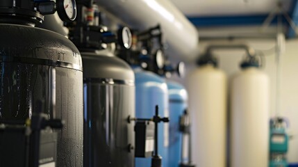Large filtration tanks working to provide clean water in an industrial water treatment plant