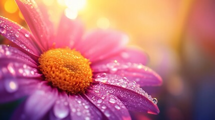 Obraz premium Close-up of a pink daisy with dew drops glistening in warm sunlight creating a bokeh effect