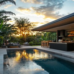 Fototapeta premium A luxurious modern home with an inviting swimming pool is shown at sunset, with the warm hues reflecting beautifully off the water's surface, creating an idyllic setting.