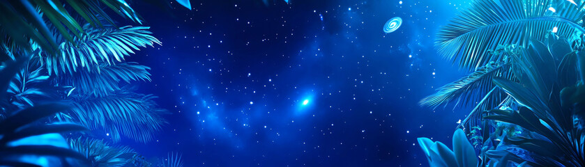 Obraz premium A lush arrangement of cobalt blue tropical plants, with their edges glowing faintly, placed in a surreal space background featuring a spiral galaxy and comets.