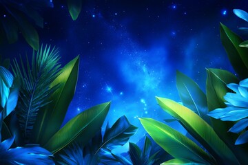 An artistic display of tropical plants with glossy blue textures, their shapes reflected in a cosmic pool of light, with a nebula-filled sky above.