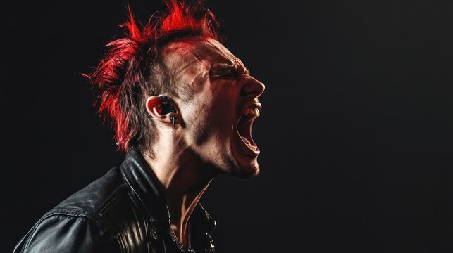Profile shot of an angry young punk rocker with a Mohawk hairstyle screaming isolated on white background
