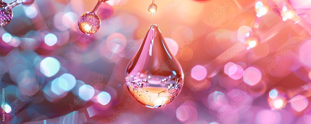 Poster solitary water droplet dangles from a glass surface, mirroring the vibrant bokeh lights in the backd