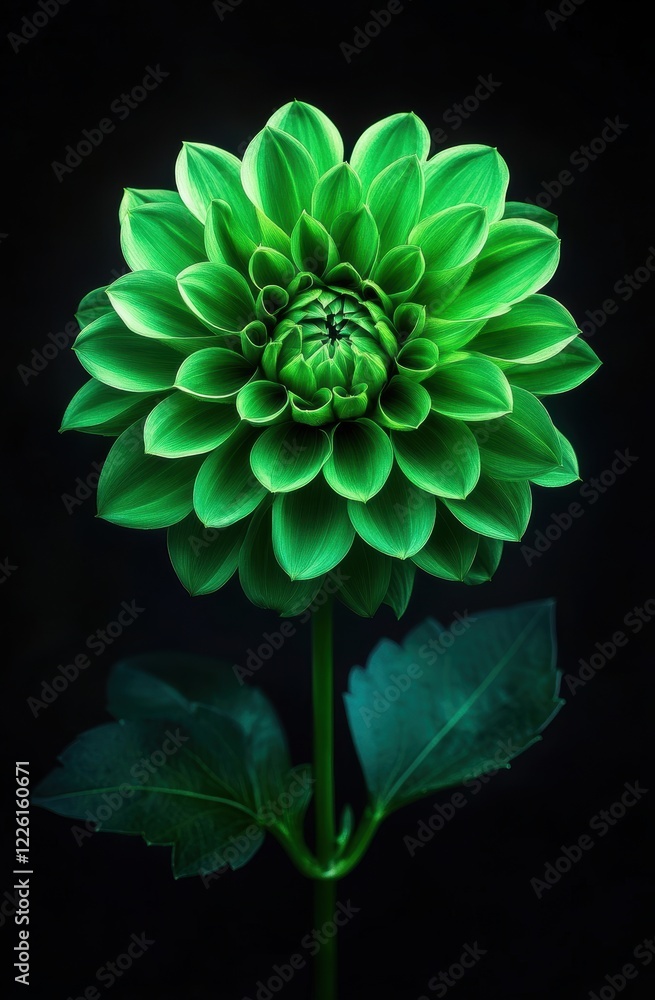 Poster this stunning image features a vibrant green dahlia, showcasing intricate leaf patterns and delicate