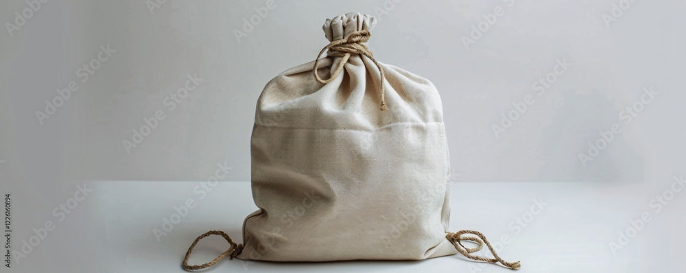 Poster linen fabric pouch with rope tie placed on a white table for reusability