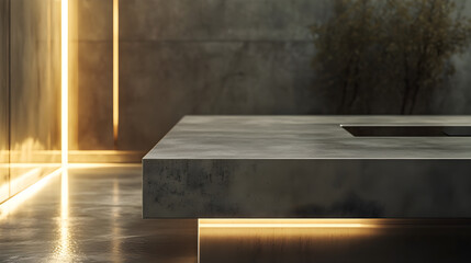 Modern Kitchen with Smooth Polished Concrete Countertop and Soft Ambient Lighting