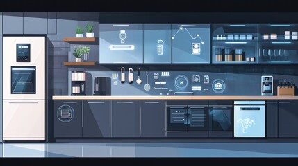 Smart kitchen interior, futuristic appliances, office breakroom, holographic displays