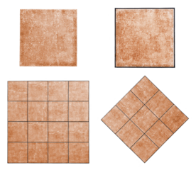 Top view of exterior isolated ceramic floor with concrete or natural earth brown cement effect. Non-slip reddish matte square terrace porch tiles texture elements on transparent background