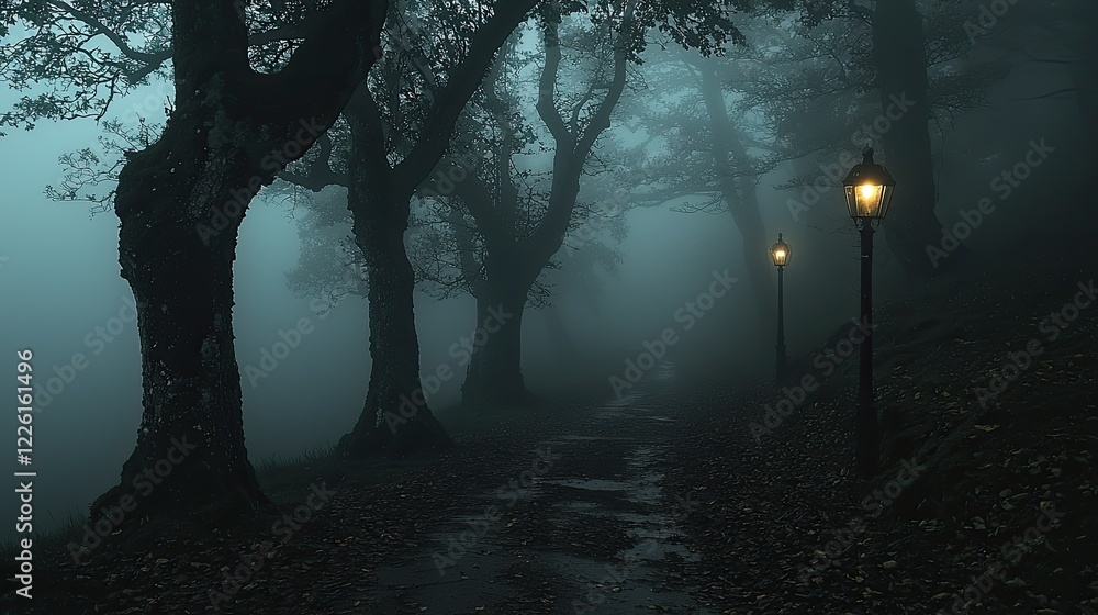 Poster foggy path illuminated by lampposts between tall trees