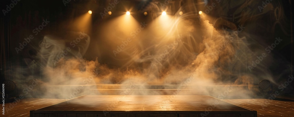 Poster smoke filling empty stage with spotlights illuminating wooden floor for a performance