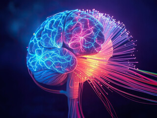 Human brain colorful fiber optic cables Human brain  colorful fiber optic cables, neural network,