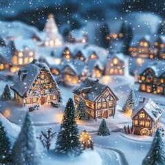 Fototapeta premium A charming and peaceful winter village diorama with quaint, snow-laden homes glowing warmly at night, capturing the essence of a serene winter wonderland.
