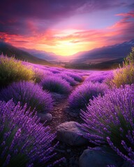 Obraz premium A breathtaking view of vibrant lavender fields under a stunning sunset, where purple hues blend with the sky, creating a tranquil atmosphere amidst the surrounding mountains.