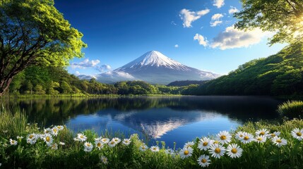 Obraz premium A serene view of Mount Fuji, surrounded by lush greenery and blooming daisies, reflecting beautifully in the calm waters of a nearby lake under a vibrant blue sky.