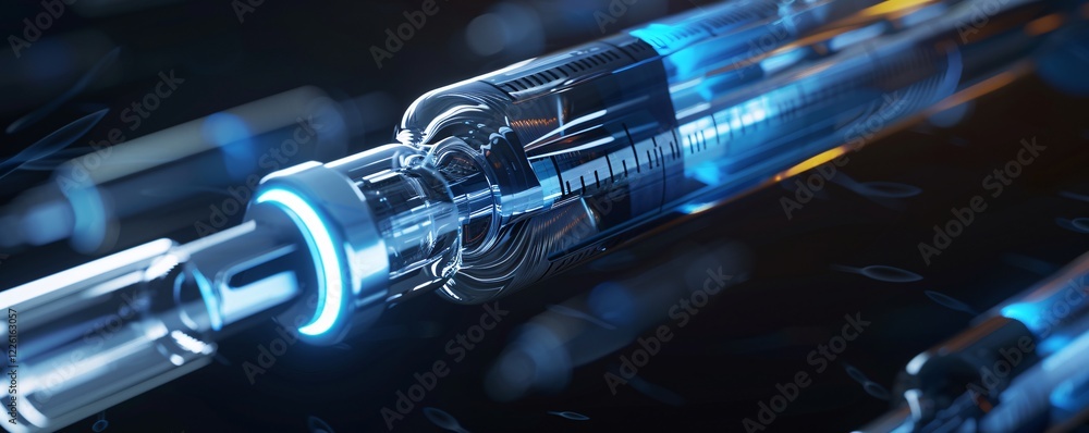 Poster futuristic syringe injecting glowing blue liquid, on a dark background with bokeh