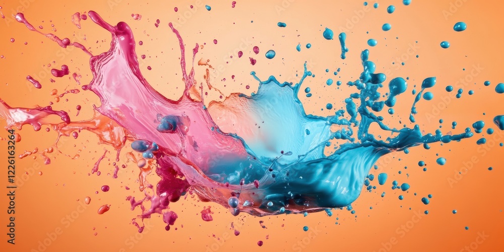 Poster a stunning visual of pink and blue paint splashing against an orange backdrop, creating dynamic shap
