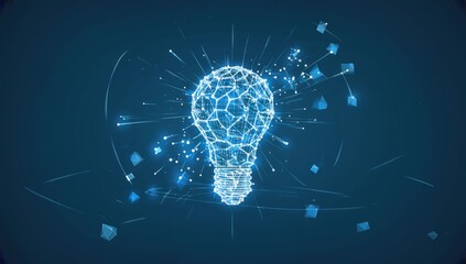 Digital Idea: Abstract polygonal lightbulb glowing with blue light, symbolizing innovation, technology, and new ideas.  Surrounding particles add a sense of dynamism and energy.
