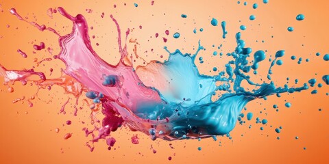 Obraz premium A stunning visual of pink and blue paint splashing against an orange backdrop, creating dynamic shapes and textures.