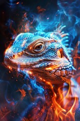 Obraz premium Fiery lizard head detail. Blue orange flames engulf scaled skin. Sharp eyes intense. Awesome t-shirt design. Animals buildings concept.